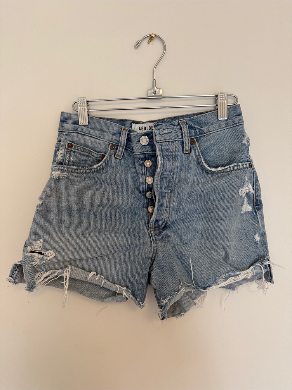 Agolde Light Blue Distressed Button-Fly Jean Shorts
